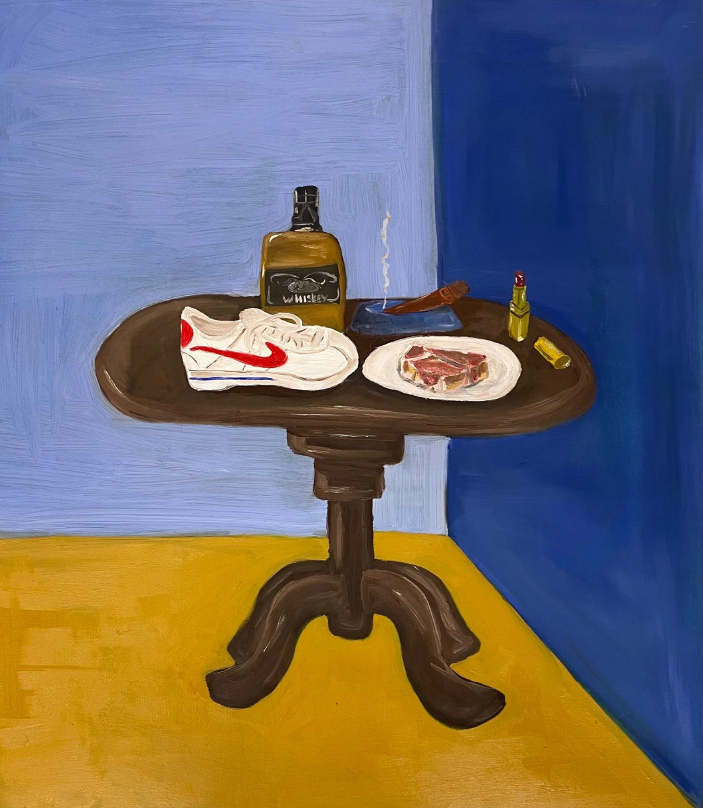 Steak and lipstick <br><small> Oil on canvas, 70 x 80 cm, €700</small>